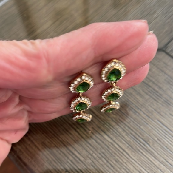 Monet Green & Clear Tear Drop Rhinestone Dangle Earrings - Picture 12 of 15